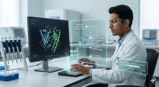 Researcher at workstation with computational flow from protein structure prediction through screening to clinical candidate timelines