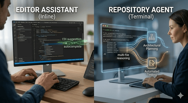 Split comparison of inline IDE assistant workflow and repository-level terminal agent workflow