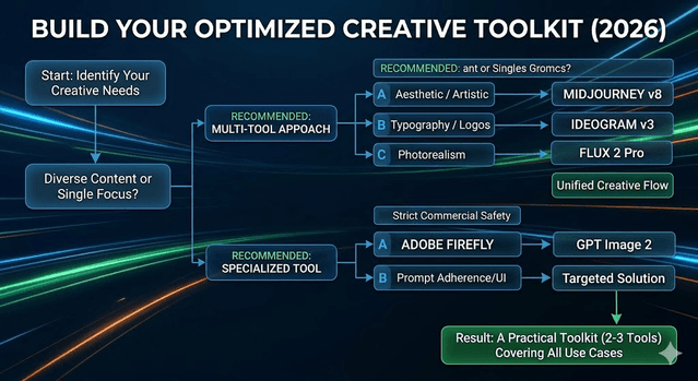 Practical toolkit diagram showing how creators combine two or three complementary AI image tools