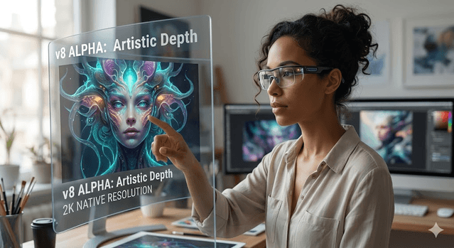 Designer reviewing high-resolution artistic concept renders in a Midjourney-focused workflow