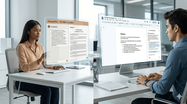 Split workspace visual comparing Claude long-context analysis with Gemini in Google Workspace