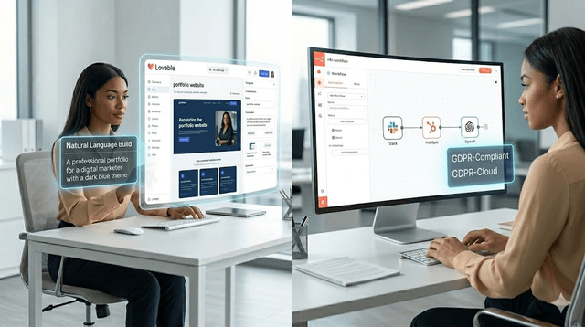 Split visual showing no-code app building and automation workflow orchestration