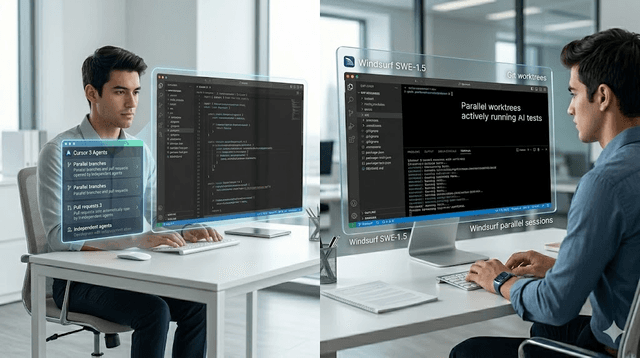 Split visual of Cursor agent workflows and Windsurf engineering workflow in active development setup