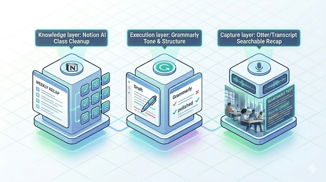 Infographic of student AI workflow layers for capture, execution, and knowledge management