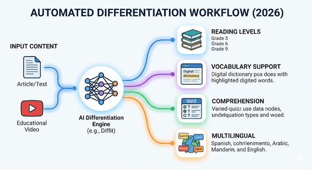 Differentiation flowchart transforming one source into multi-level and multilingual reading outputs