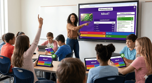 Students engaging in an AI-enhanced Kahoot formative assessment session with live response analytics