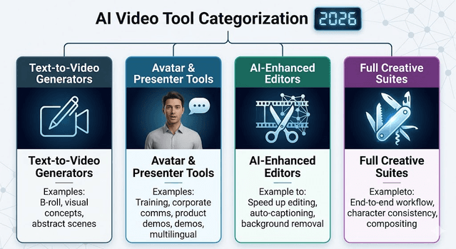 Infographic mapping text-to-video, avatar tools, AI editors, and full creative suites