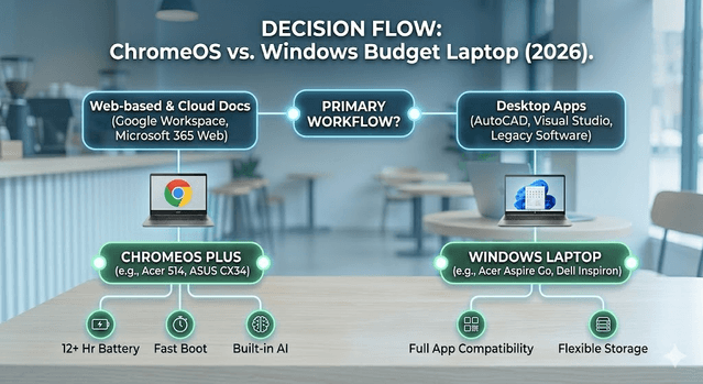 Decision flow infographic for web-first Chromebook Plus versus desktop-app Windows laptops