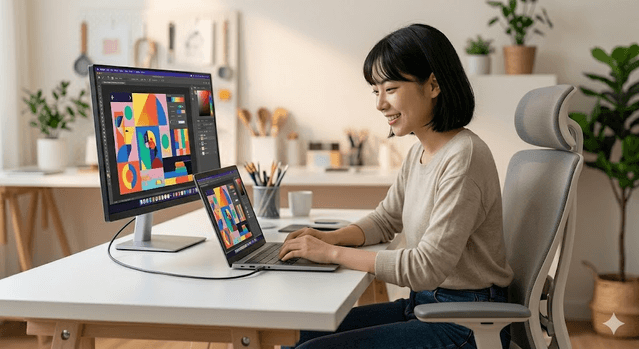 Student using MacBook Neo with a large external monitor in a tidy desk setup