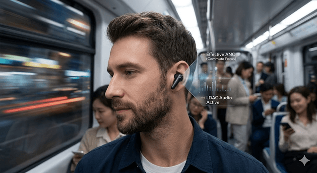 Commuter using Anker Liberty 4 NC earbuds in a crowded transit environment with reduced ambient noise