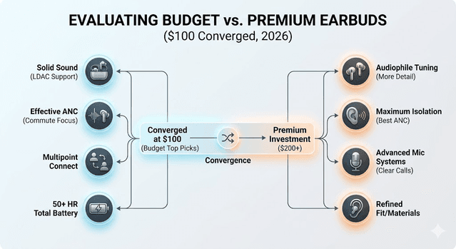 Infographic showing which premium earbud features have reached the $100 tier and which remain premium-only