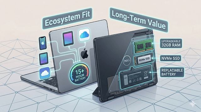 Visual comparison of macOS ecosystem integration and Windows hardware upgrade flexibility