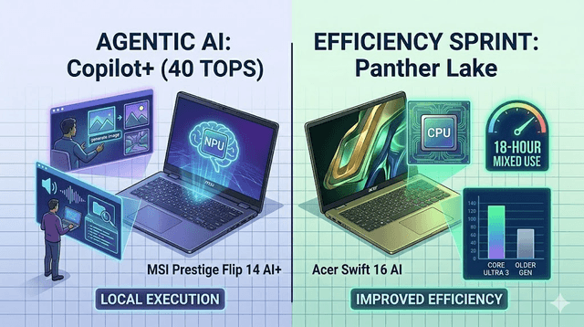 Infographic comparing Copilot+ 40 TOPS on-device AI and Panther Lake efficiency gains