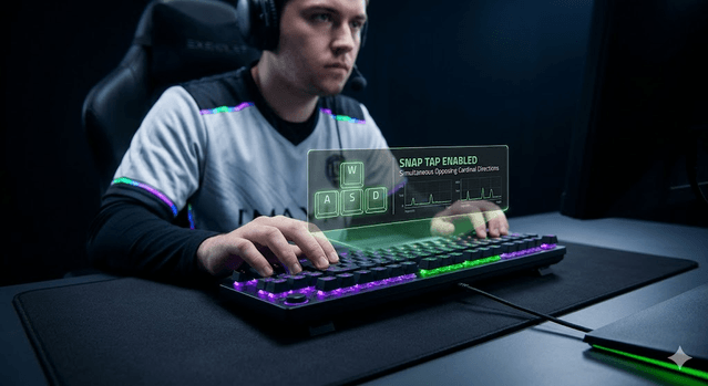 Competitive gamer using a tenkeyless Hall Effect keyboard with rapid trigger and Snap Tap indicators