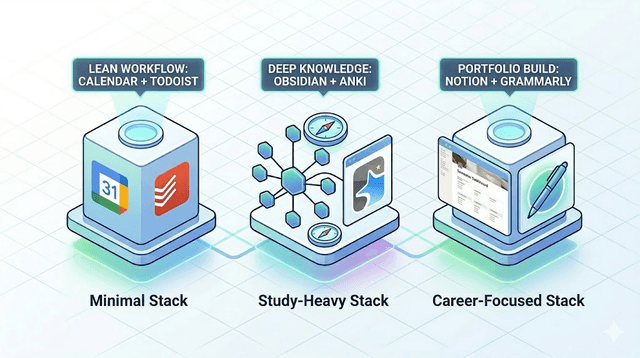 Infographic of minimal, study-heavy, and career-focused productivity app stacks