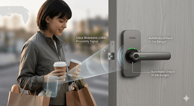 User approaching a smart lock with hands full while UWB proximity detection overlay indicates secure auto-unlock
