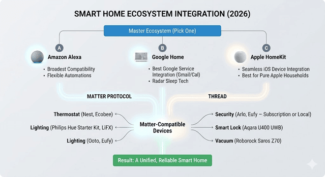 Flowchart showing a master ecosystem choice with Matter-compatible devices branching from it