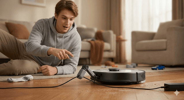 Roborock Saros Z70 using OmniGrip to move a cable in a cluttered living room before cleaning