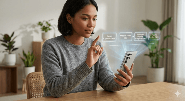 Person using a phone with holographic diagram of AI scene analysis and computational photography for a pro-level shot