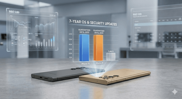 Holographic chart comparing short software support windows with seven-year OS and security update commitments