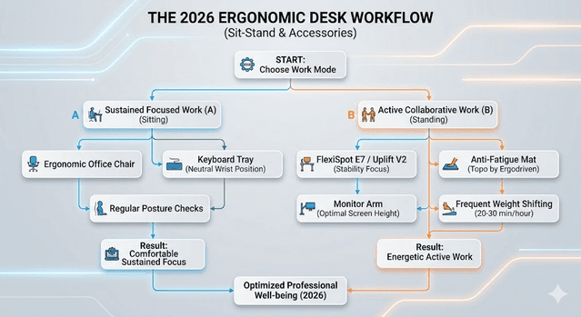 Ergonomic sit-stand workflow diagram including anti-fatigue mat and monitor arm decisions by work duration