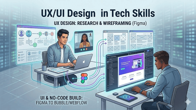 Split visual of UX research to interface design and no-code app building workflow