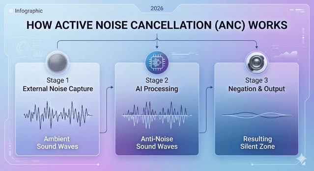 Flowchart showing microphones capturing outside noise and anti-noise cancellation processing in earbuds