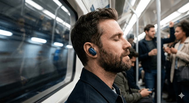 Commuter wearing Bose earbuds in a noisy transit environment with ambient noise suppressed