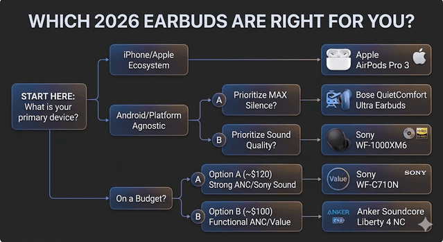 Decision flowchart mapping commute noise, ecosystem, and budget to the best earbud choice