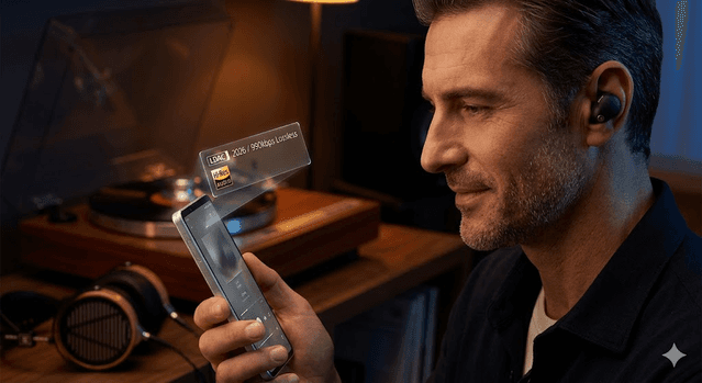 Audiophile listening setup highlighting Sony earbuds and high-resolution LDAC codec playback