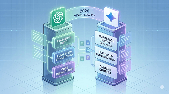 Infographic comparing ChatGPT strengths in reasoning and drafting with Gemini strengths in Google-native integration