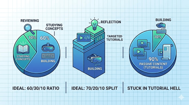 Comparison graphic of 60-30-10 learning ratio versus tutorial-heavy study patterns