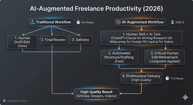 Flowchart showing human skill plus AI tools producing faster delivery with maintained quality