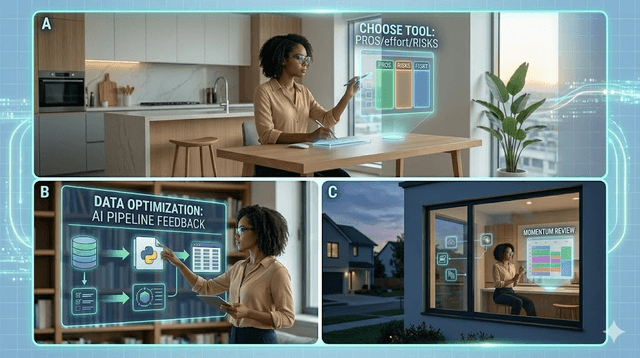 2026 smart home collage showing morning decision clarity, data pipeline feedback, and evening momentum review