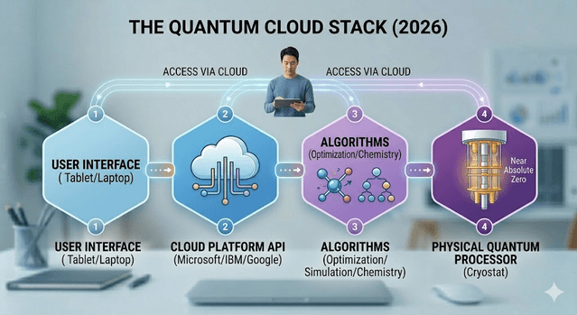 Layered diagram of user interface to cloud platform to quantum algorithms and physical cryostat hardware