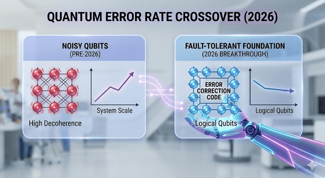Infographic chart of 2026 quantum error rate crossover from noisy scaling to fault-tolerant foundation