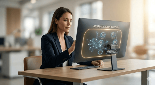 Supervisor reviewing agent workflows within a guardian verified boundary with alert escalation to human review