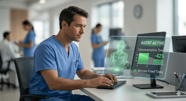 Physician workstation with AI clinical assistant active and metrics showing reduced documentation time and minutes freed