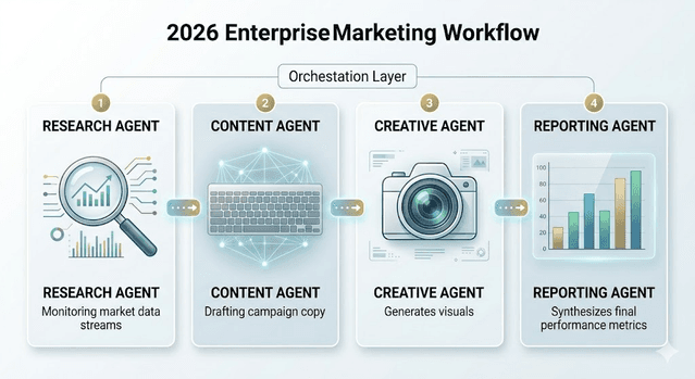 Enterprise marketing workflow diagram with research, content, creative, and reporting agents under an orchestration layer